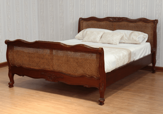 Louis French Cane Rattan Bed Frame - Wax