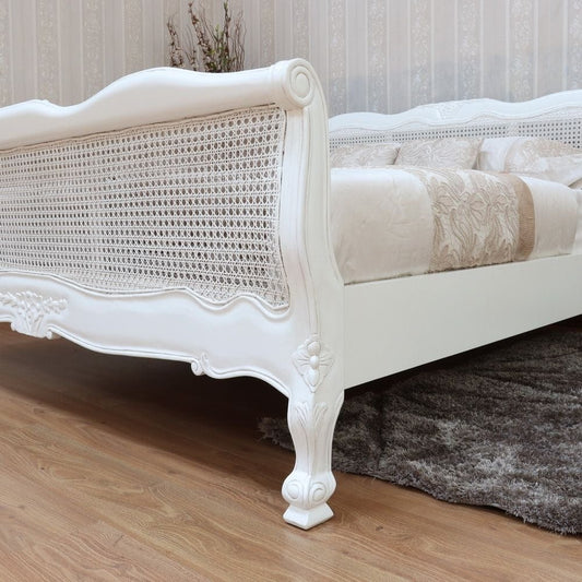 Louis French Cane Rattan Bed Frame - White