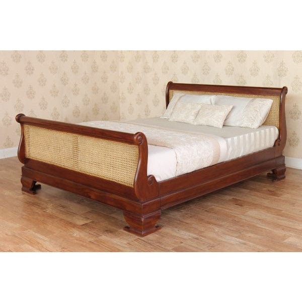 Mahogany French Rattan Sleigh Bed