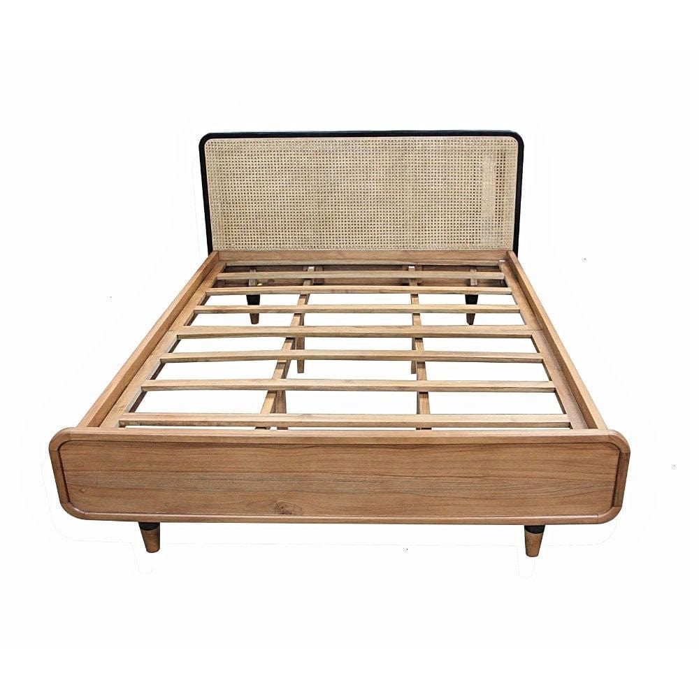 Retro Minimalist Scandi Teak and Rattan Bed Frame