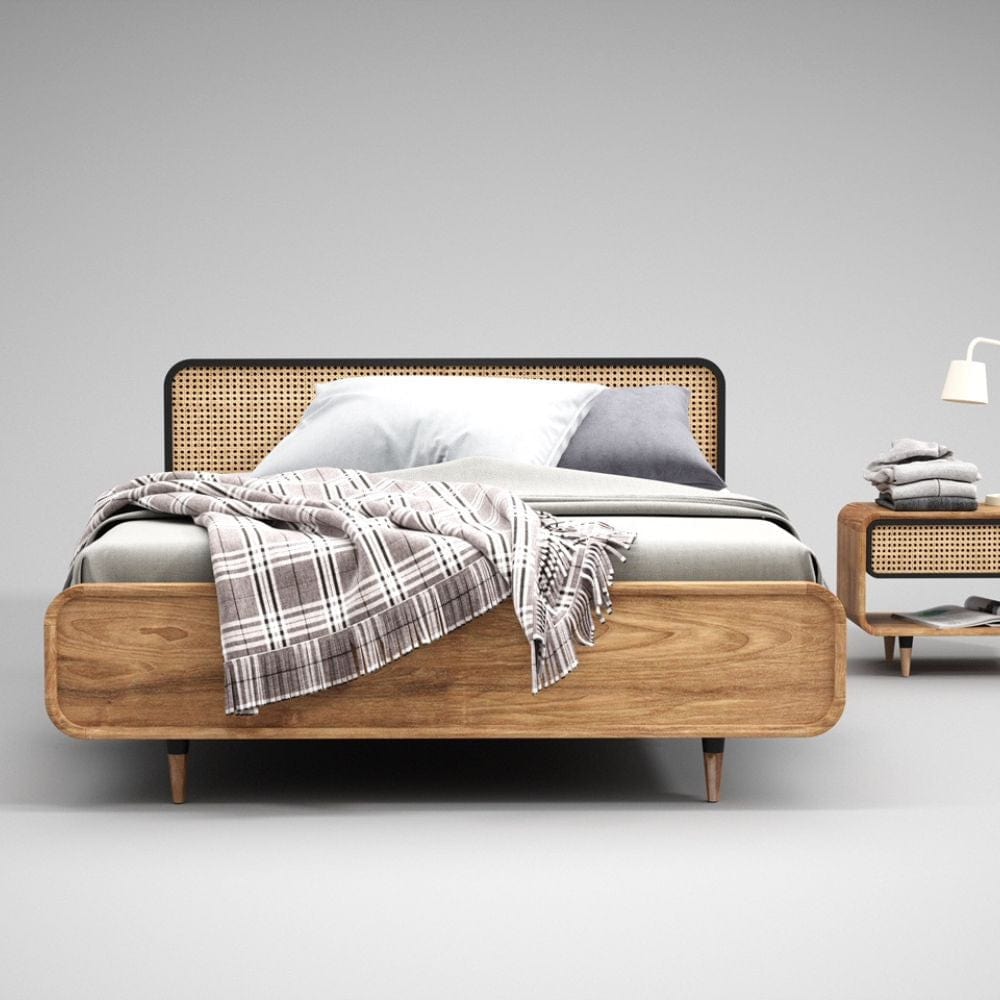 Retro Minimalist Scandi Teak and Rattan Bed Frame