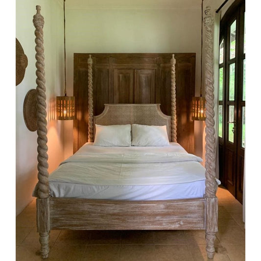 Barley Twist Four Poster Bed - Weathered Teak and Rattan