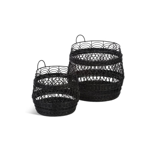 Set of 2 Black Rattan Storage Baskets